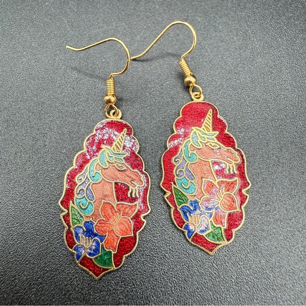 Rare Unicorn Cloisonne Dangle Earrings - Red, Gold, Blue